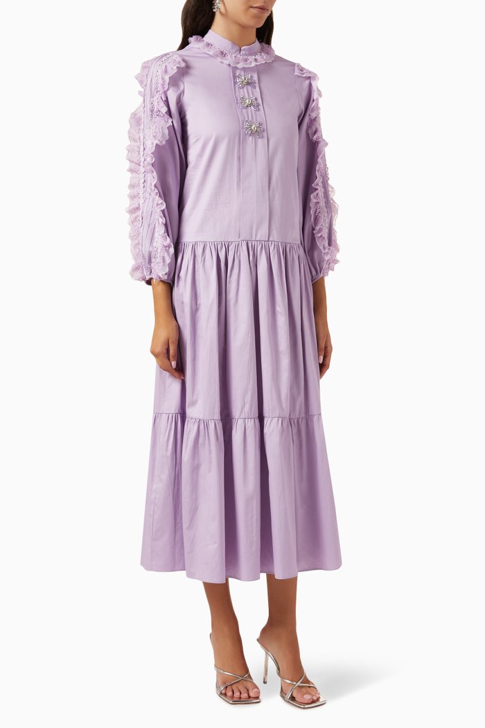 Ruffled Midi Dress in Cotton, Purple