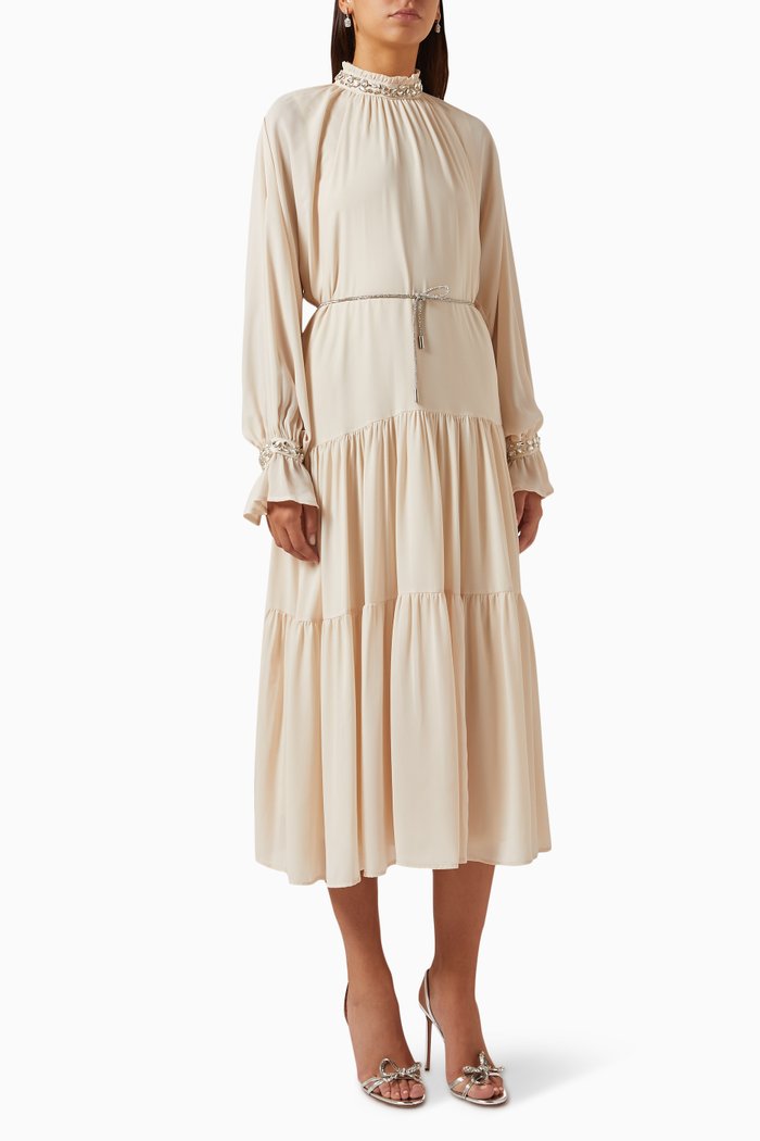 

Crystal-embellished Tiered Midi Dress, Neutral