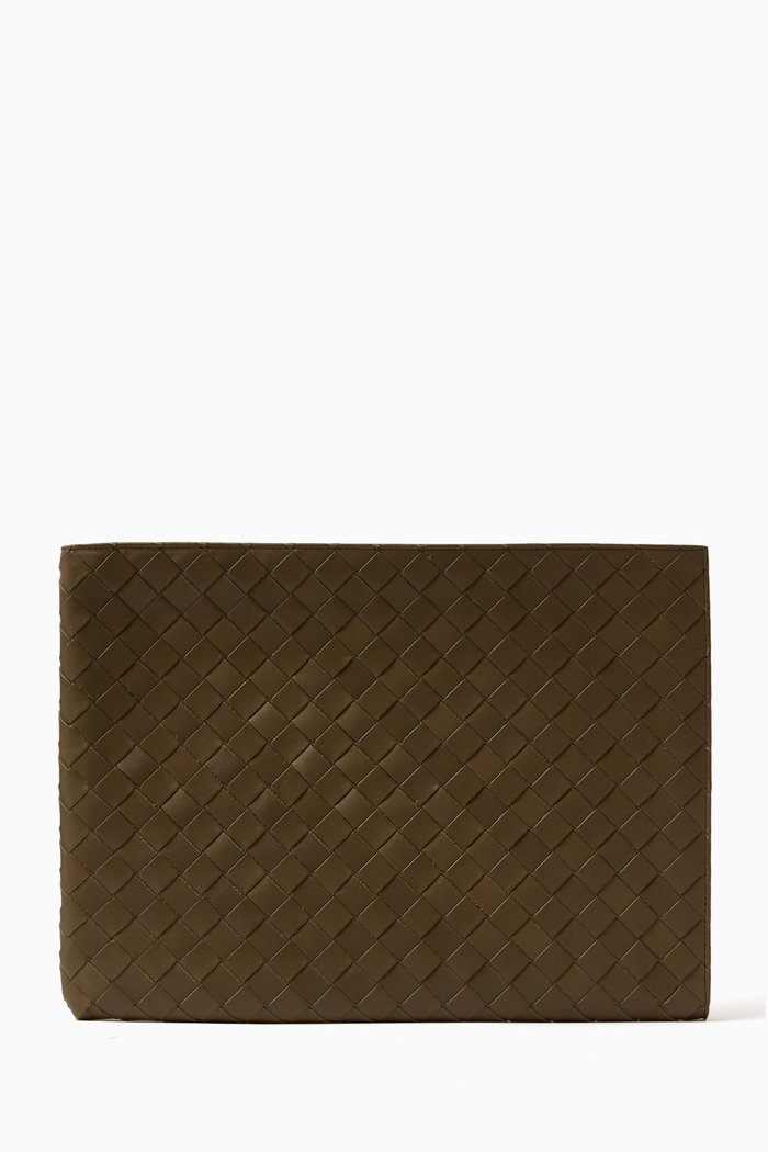 

Half Zip Around Pouch in Intrecciato Calfskin, Brown