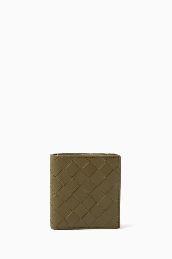 

Slim Bi-fold Wallet in Intrecciato Leather, Brown