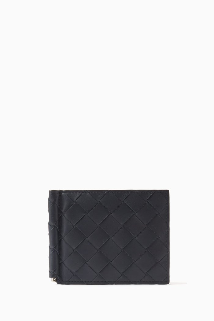 Bi-fold Bill Clip Wallet in Intrecciato Leather, Blue