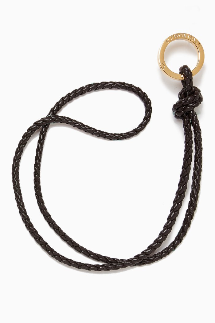 Long Key Ring in Braided Leather, Brown