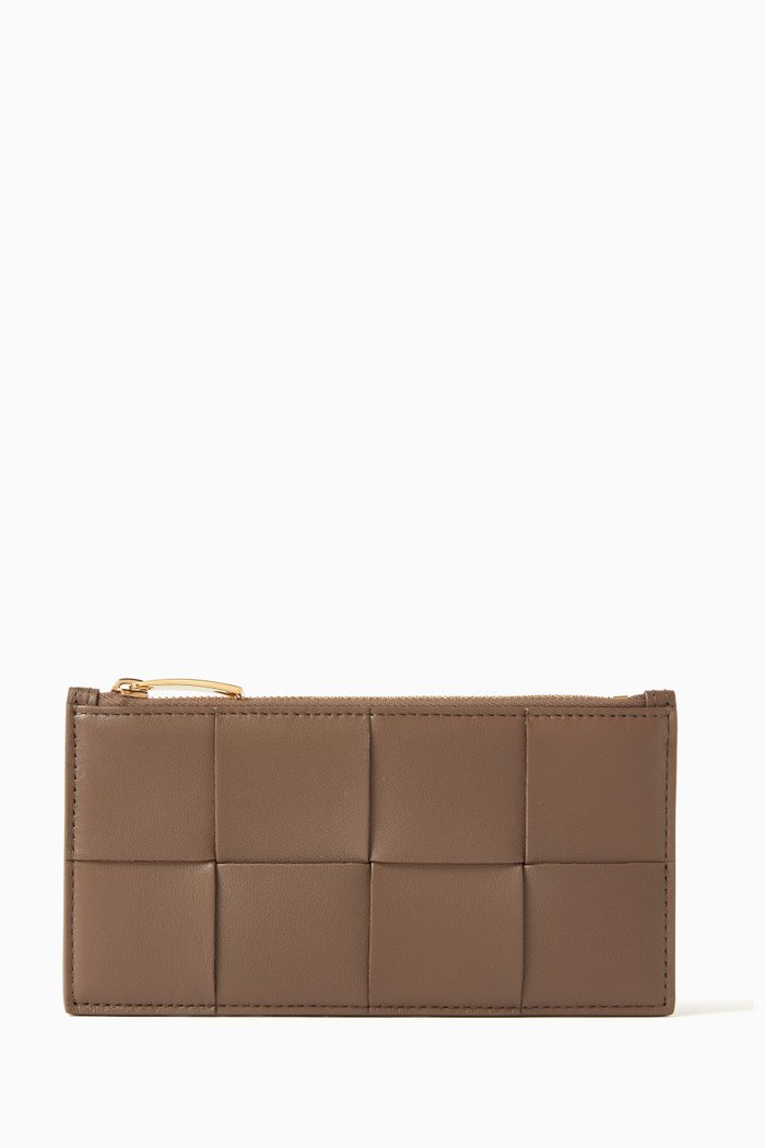 

Cassette Long Card Case in Intreccio Leather, Grey