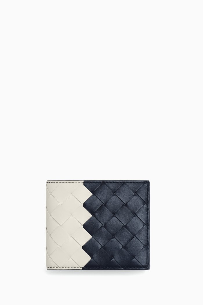 

Bi-fold Wallet in Intrecciato Leather, Blue