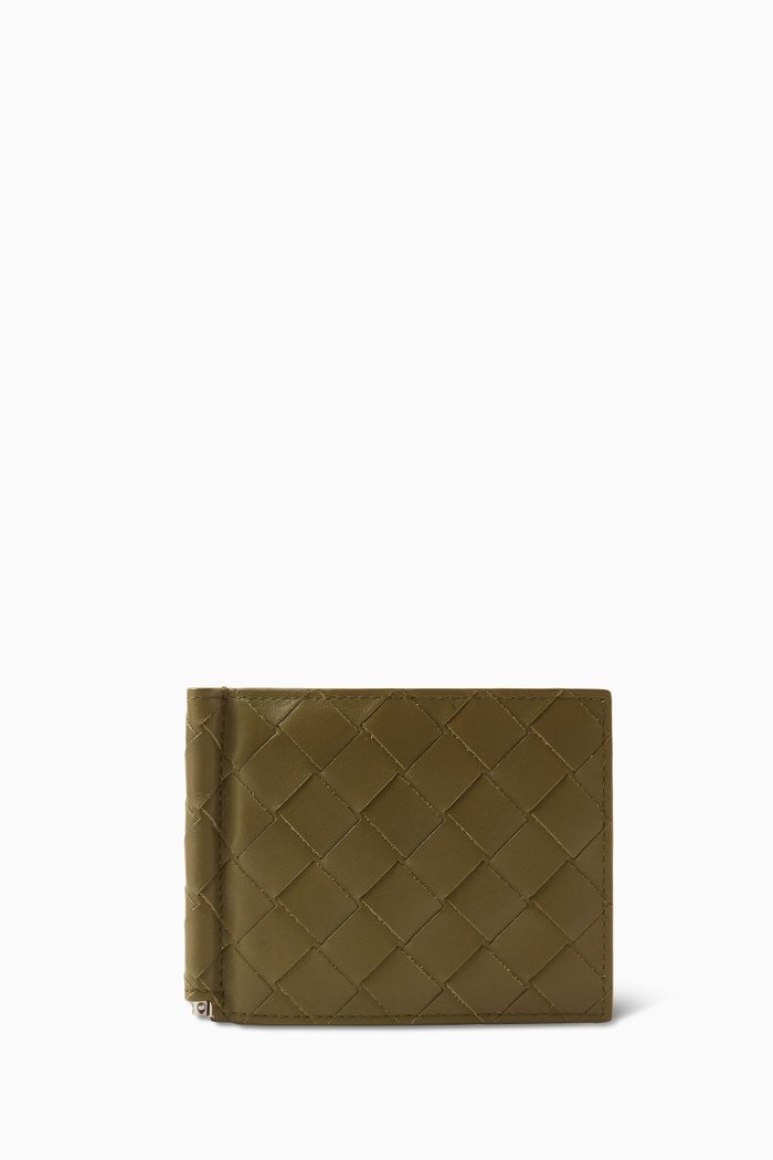 

Bi-fold Bill Clip Wallet in Intrecciato Leather, Brown