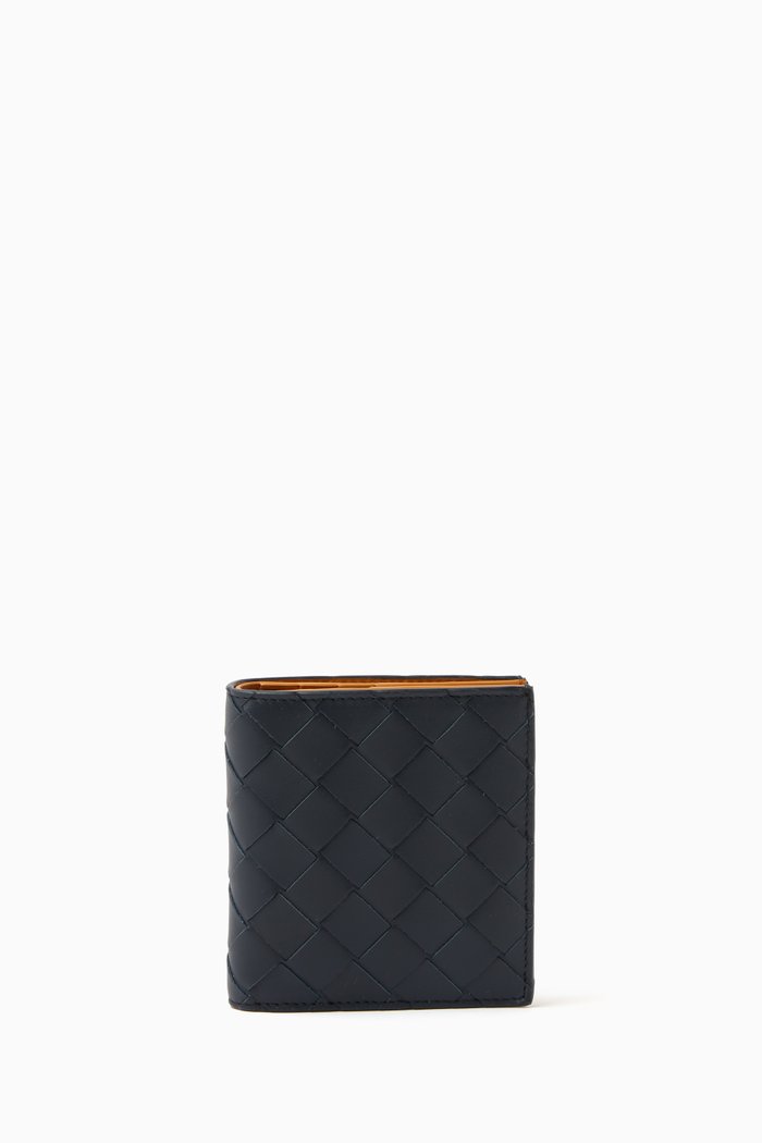 

Slim Bi-fold Wallet in Intrecciato Leather, Blue
