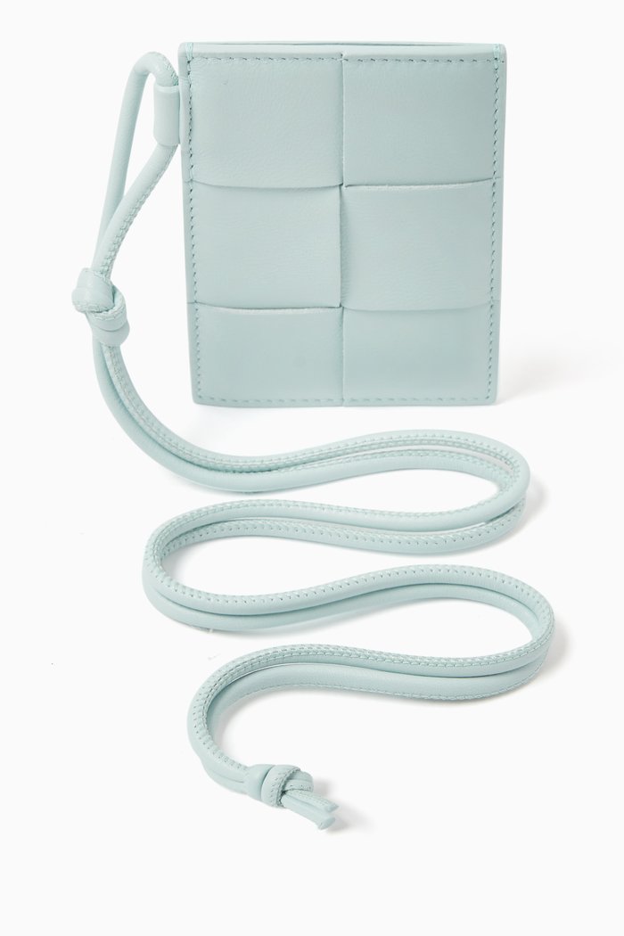 

Cassette Badge Holder in Intreccio Leather, Blue