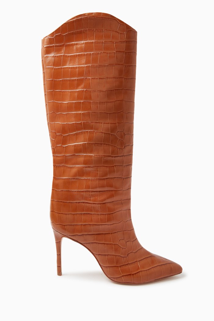 

Knee Boots in Croc-embossed Leather, Brown