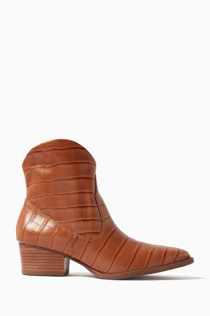 

S-Souli Cowboy Ankle Boots in Croc-embossed Leather, Brown