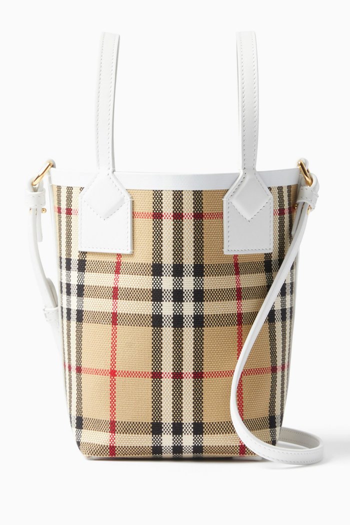 

Mini London Tote Bag in Check Canvas & Leather, Neutral