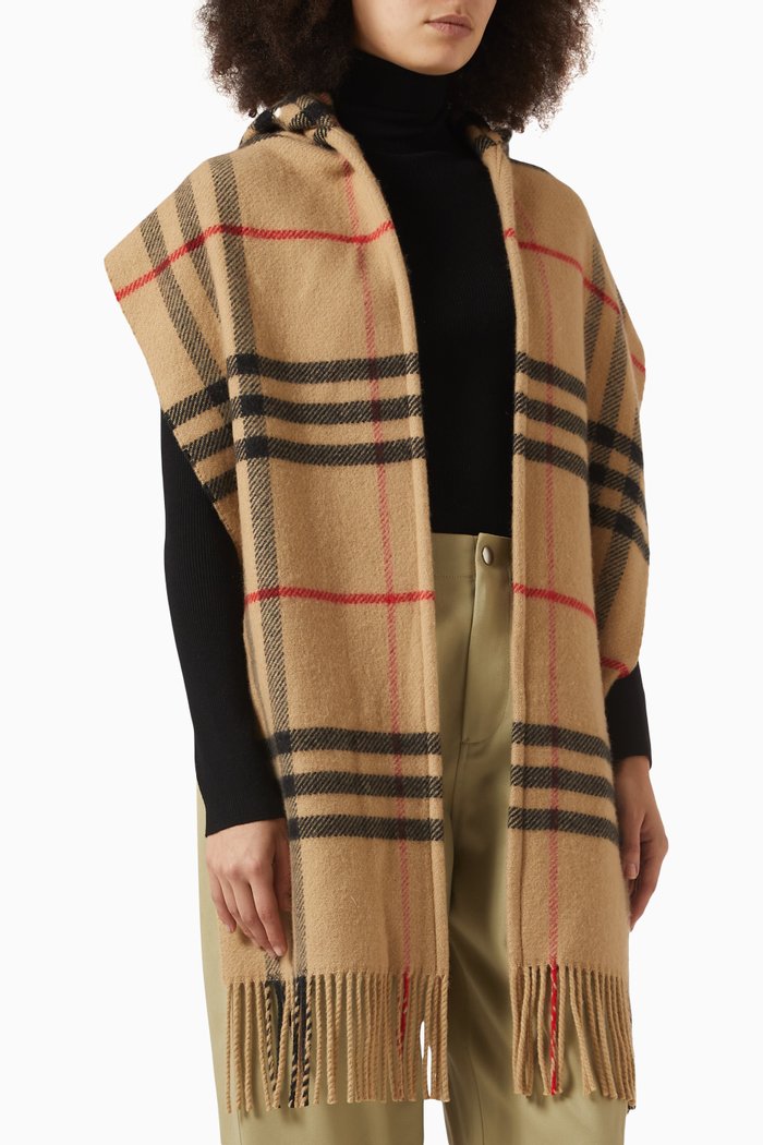 Check Hooded Scarf in Wool & Cashmere, Neutral