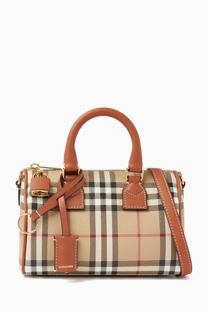 Mini Bowling Bag in Check Canvas & Leather, Neutral