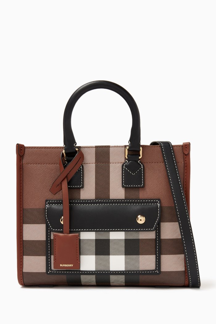 

Mini Freya Tote Bag in Check Canvas & Leather, Brown