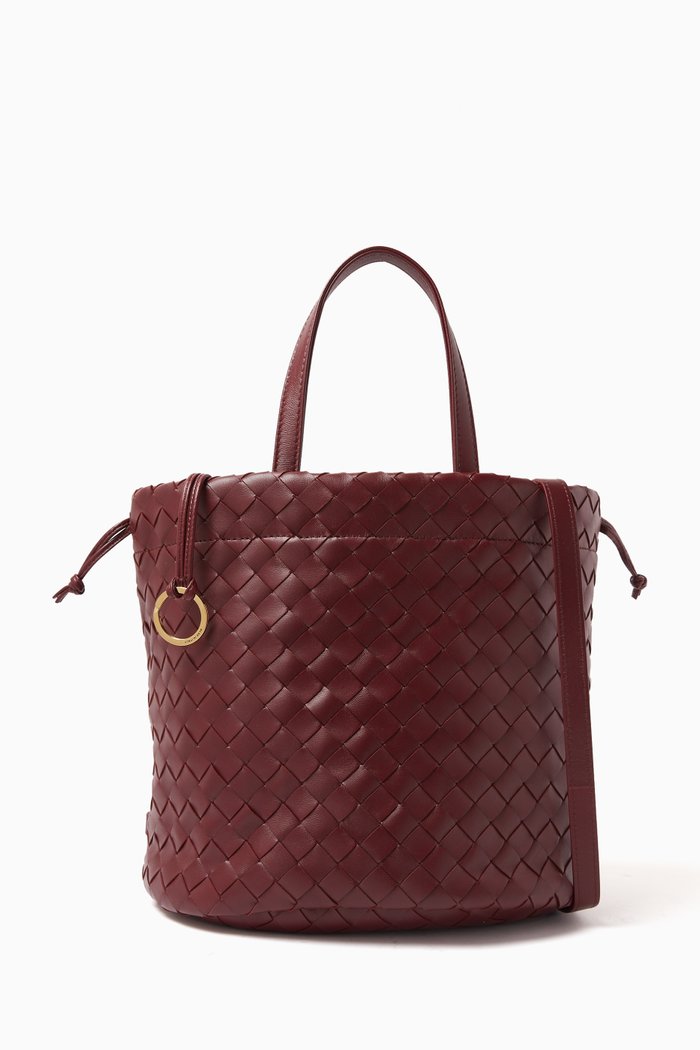 

Small Castello Bucket Bag in Intreccio Leather, Burgundy