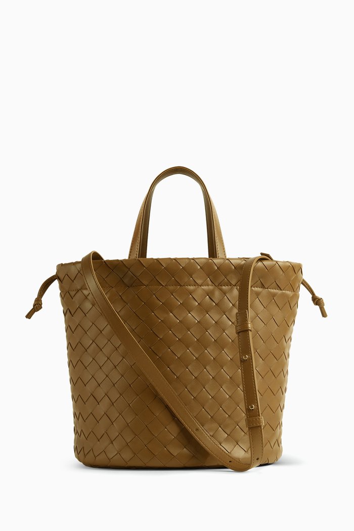 

Small Castello Bucket Bag in Intrecciato Leather, Brown