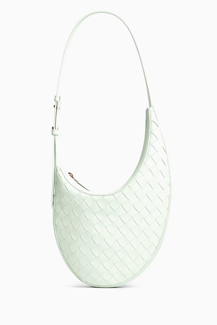 Small Drop Shoulder Bag in Intrecciato Leather, Neutral