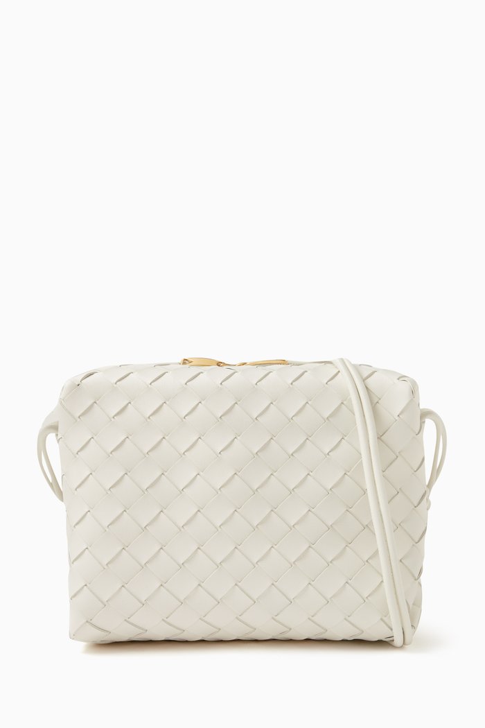 

Small Loop Camera Crossbody Bag in Intrecciato Leather, White
