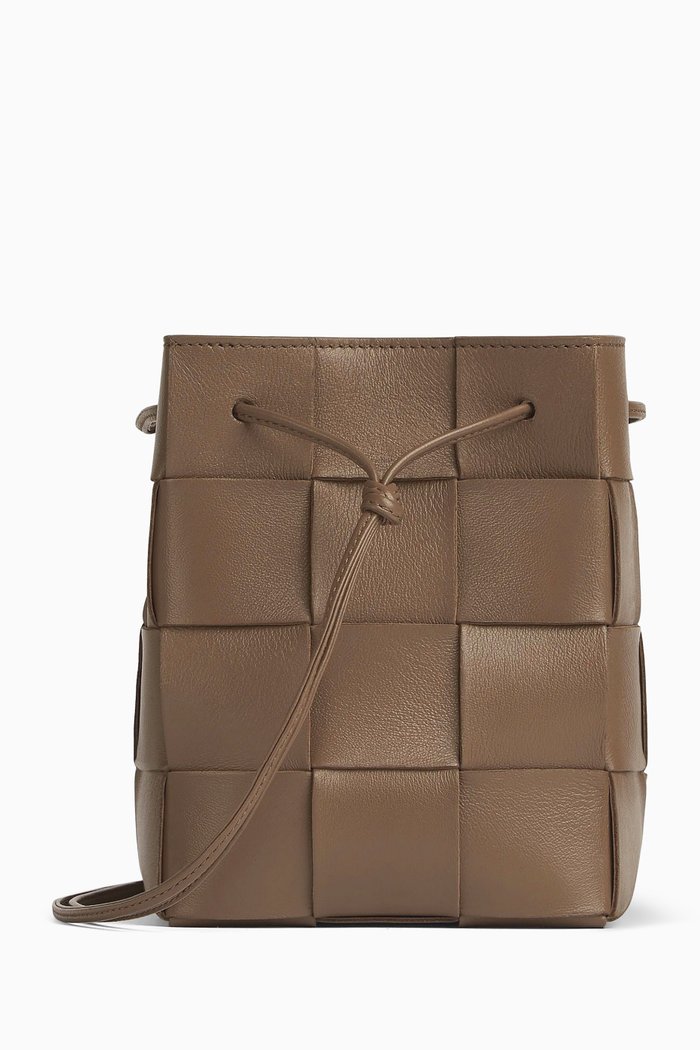 Small Crossbody Bucket Bag in Intrecciato Leather, Grey