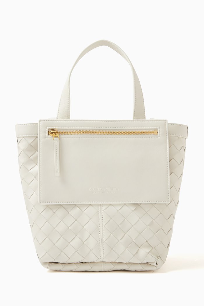 

Small Flip Flap Tote Bag in Intrecciato Leather, White