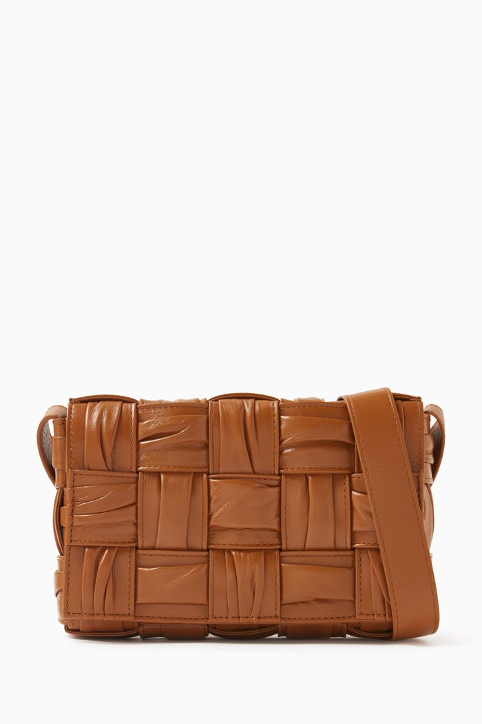 Small Cassette Cross-body Bag in Foulard Intrecciato Leather, Brown