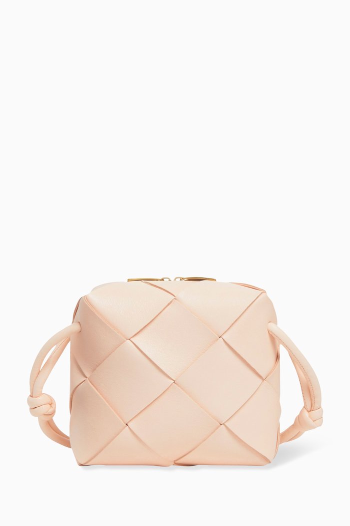 

Mini Cassette Camera Crossbody Bag in Intreccio Leather, Neutral