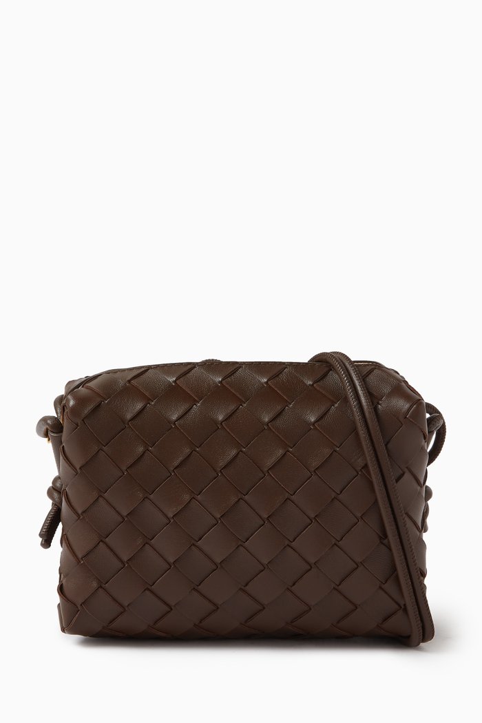Mini Loop Camera Bag in Intrecciato Leather, Brown