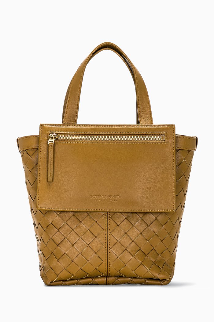 Small Flip Flap Tote Bag in Intrecciato Leather, Brown