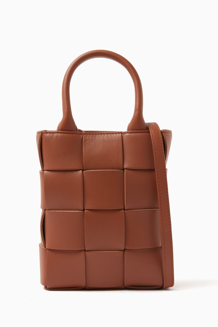 

Mini Cassette Tote Bag in Intreccio Leather, Brown