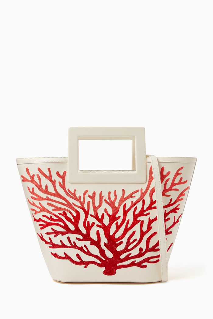 

Riviera Embroidered Tote Bag in Leather, Neutral