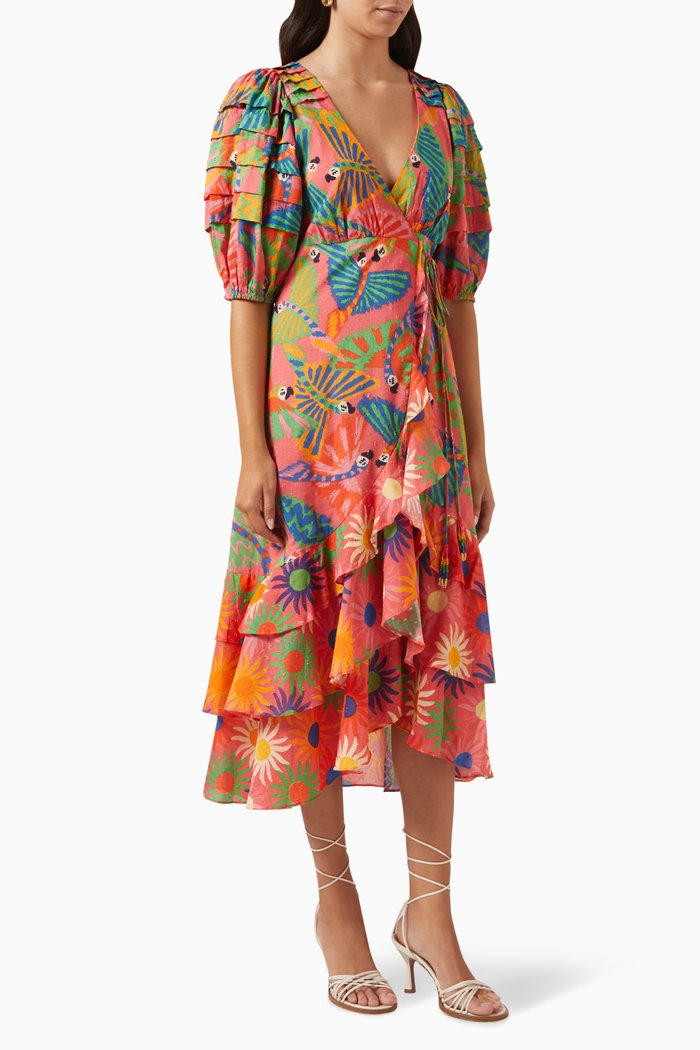 

Mixed Graphic Macaws-print Puff-sleeve Midi Dress in Cotton, Multicolour