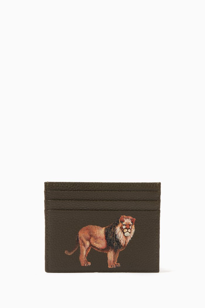 

Lion Print Card Holder in Leather, Green