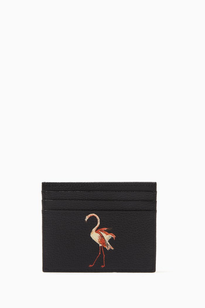 Flamingo Print Card Holder in Leather, Black