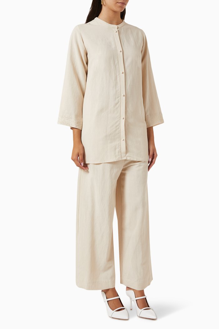2-piece Embroidered Set in Cotton-linen Blend, White