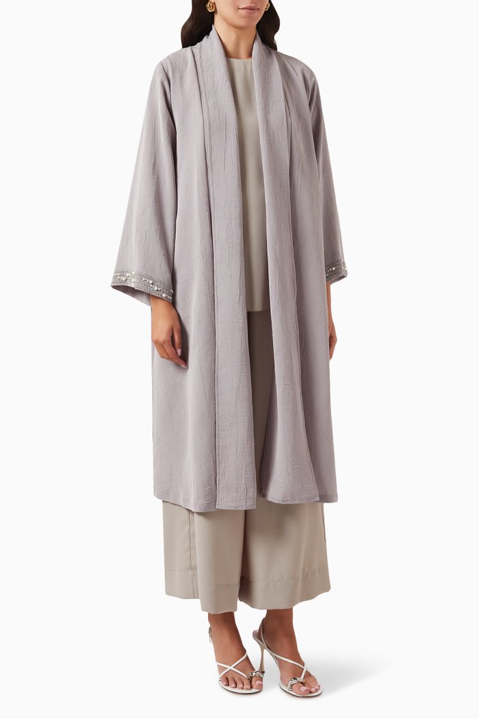 

Embellished 4-piece Abaya Set in Linen, Grey