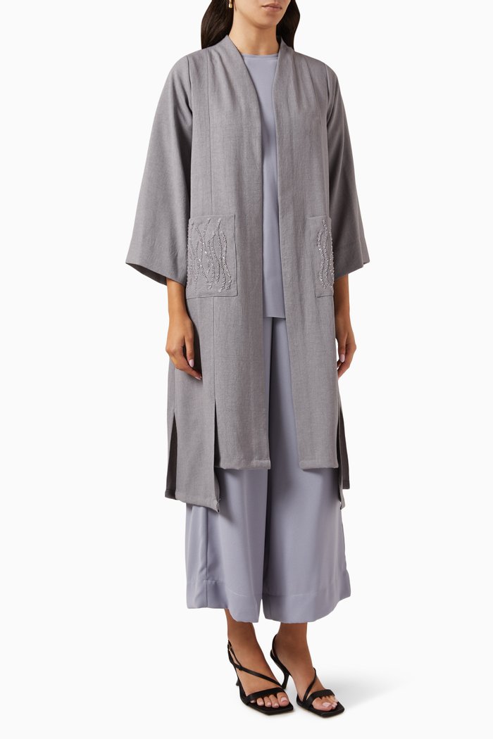 

Pleated 4-piece Abaya Set in Linen, Grey