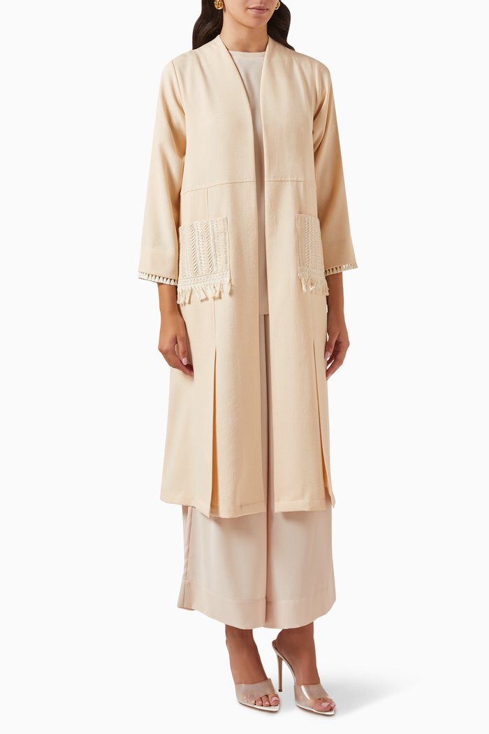 

Embroidered 4-piece Abaya Set in Linen, Yellow