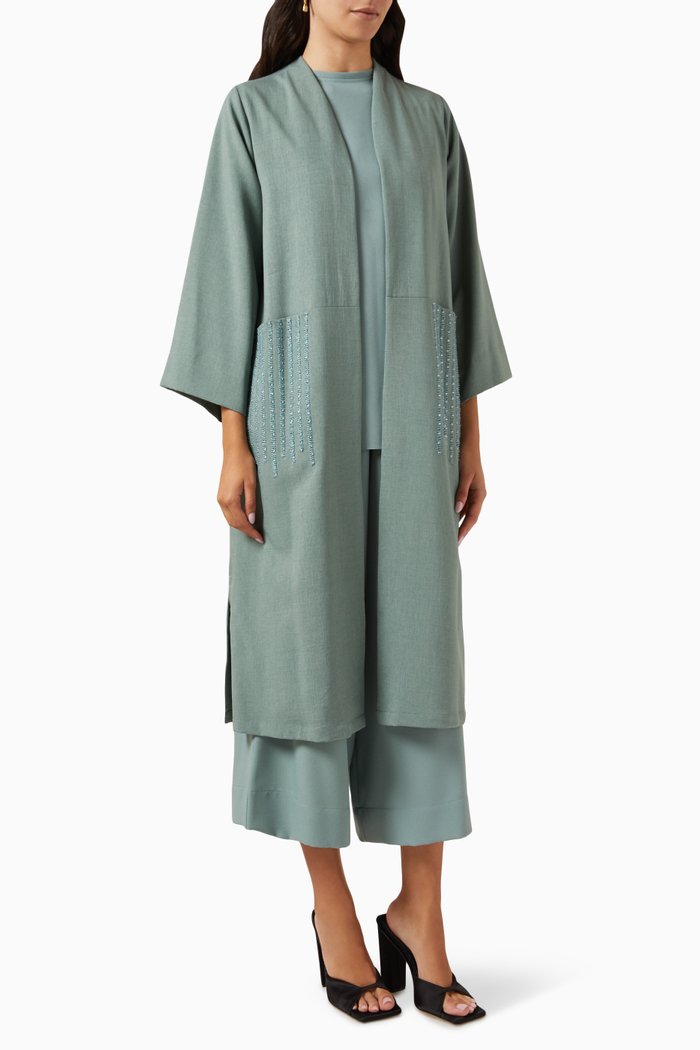 

Embellished 4-piece Abaya Set in Linen, Green