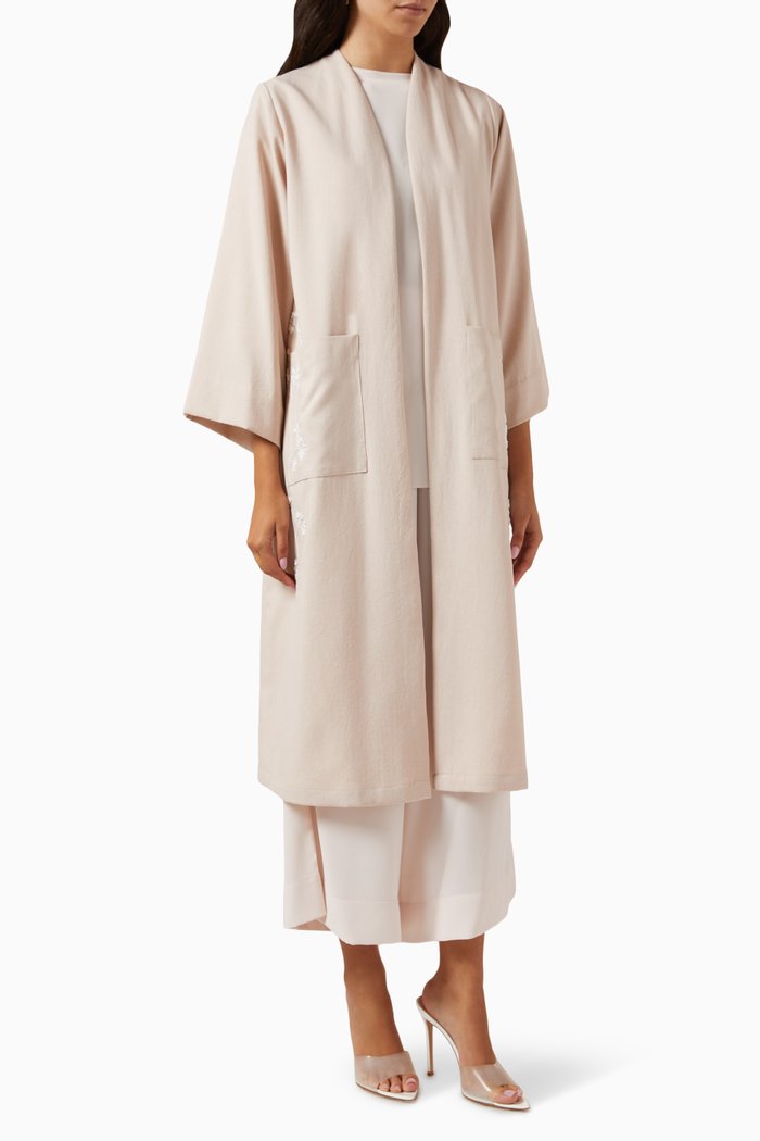 

Floral Embroidery 4-piece Abaya Set in Linen, Pink
