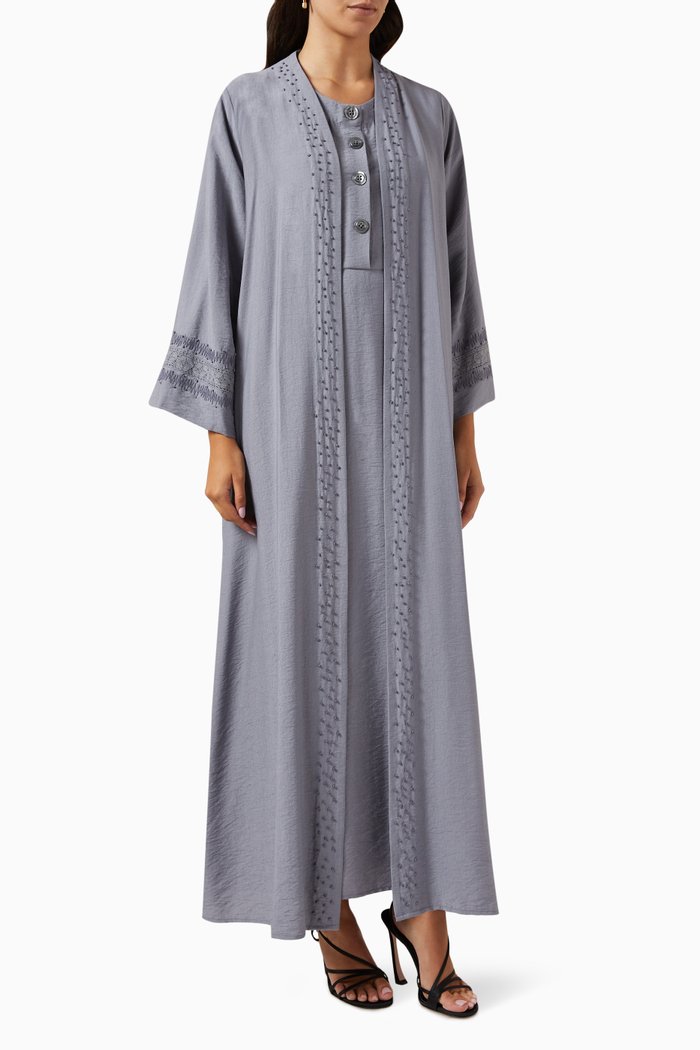 

Embroidered 3-piece Abaya Set in Cotton-linen, Grey
