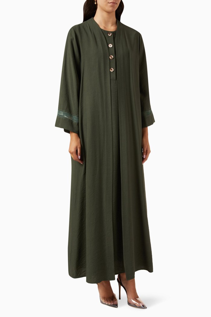 Embroidered 3-piece Abaya Set in Cotton-linen, Green
