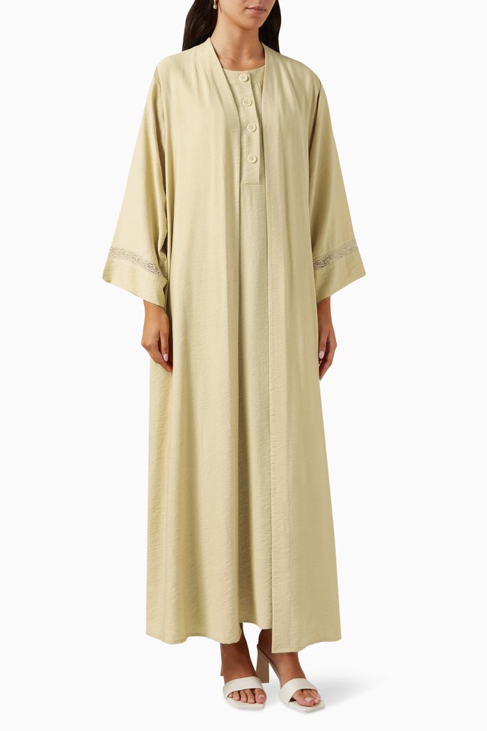 

Embroidered 3-piece Abaya Set in Cotton-linen, Neutral