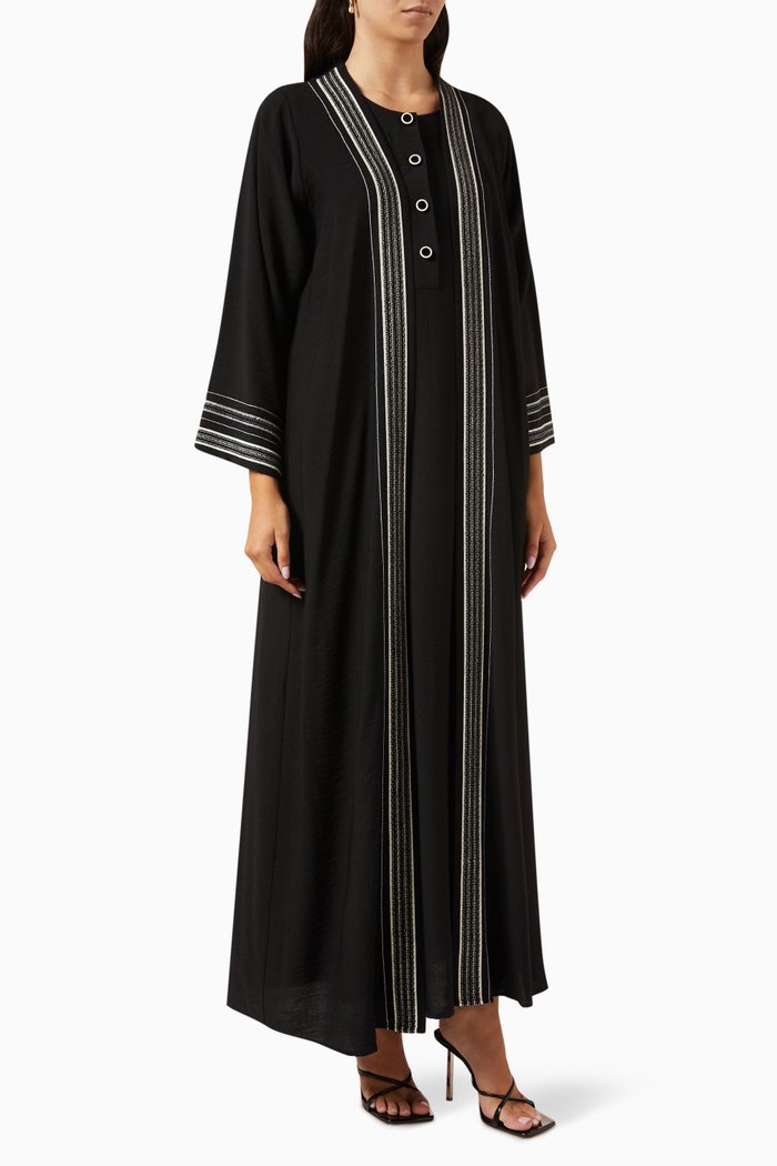 Striped 3-piece Abaya Set in Cotton-linen, Black