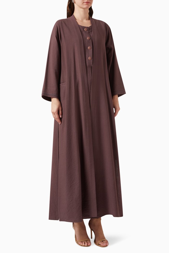 

Paneled 3-piece Abaya Set in Cotton-linen, Brown