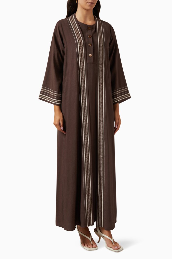 

Stripe Embroidery 3-piece Abaya Set in Cotton-linen, Brown