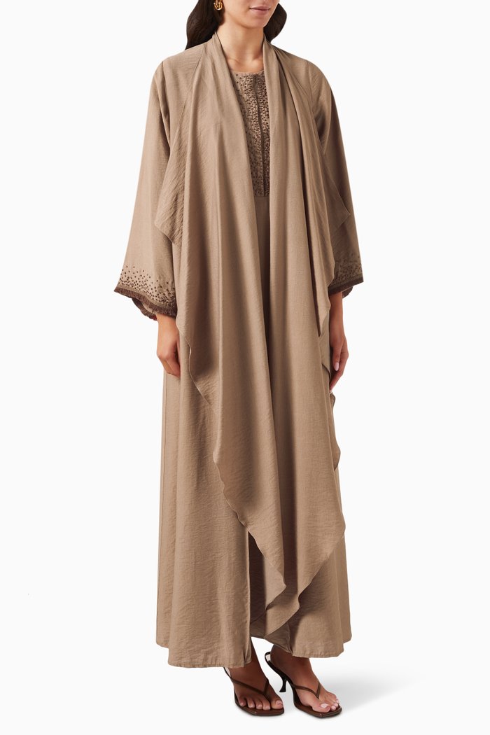 

Embellished Ruffled 3-piece Abaya Set in Cotton-linen, Neutral