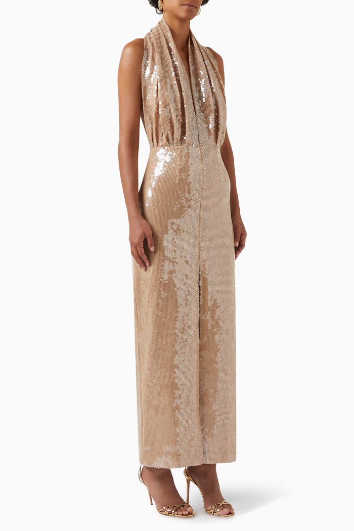 

Vesper Halter Midi Dress in Sequin, Gold