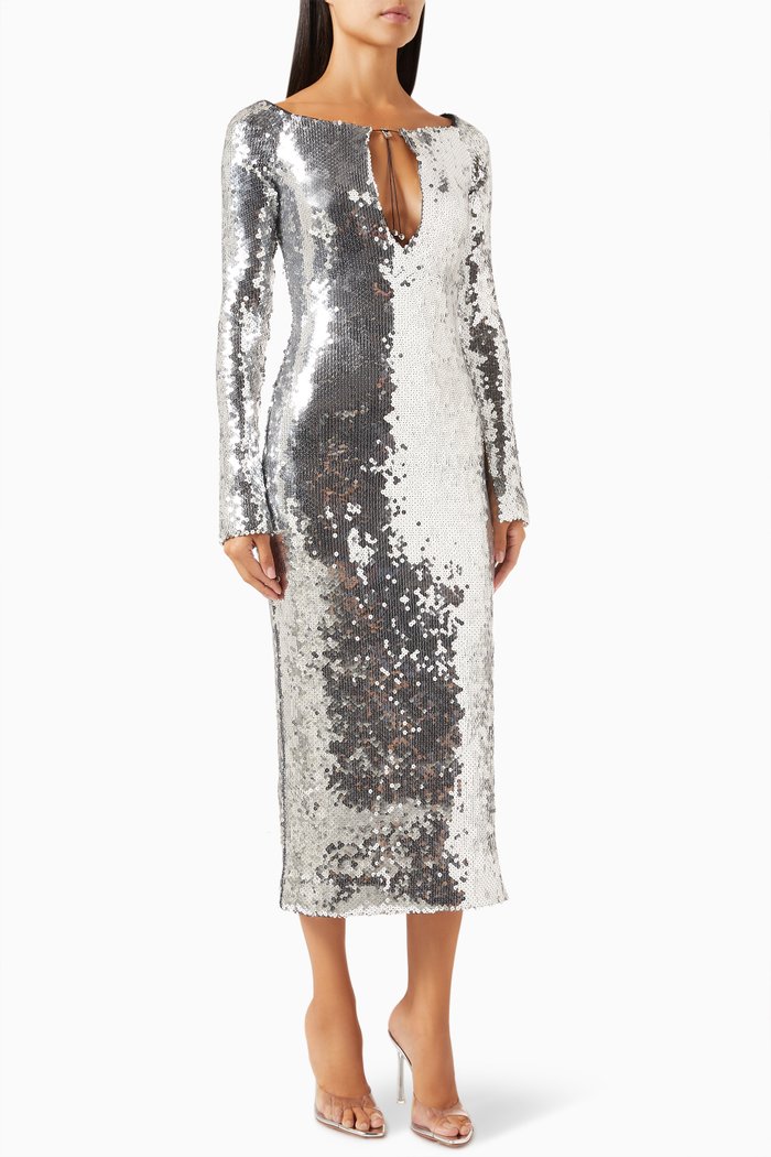 

Solare Sequin Embellished Midi Dress in Nylon, Silver