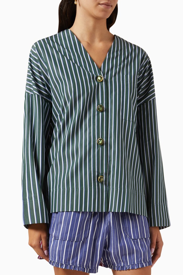 Striped Pyjama Shirt in Cotton, Green
