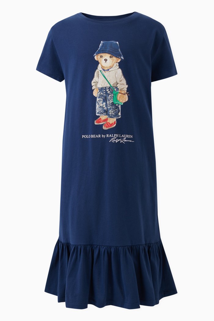 

Logo & Bear Print T-shirt Dress in Cotton, Blue