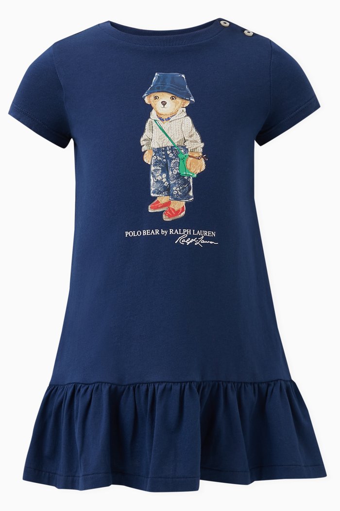 

Logo & Bear Print Dress in Cotton, Blue